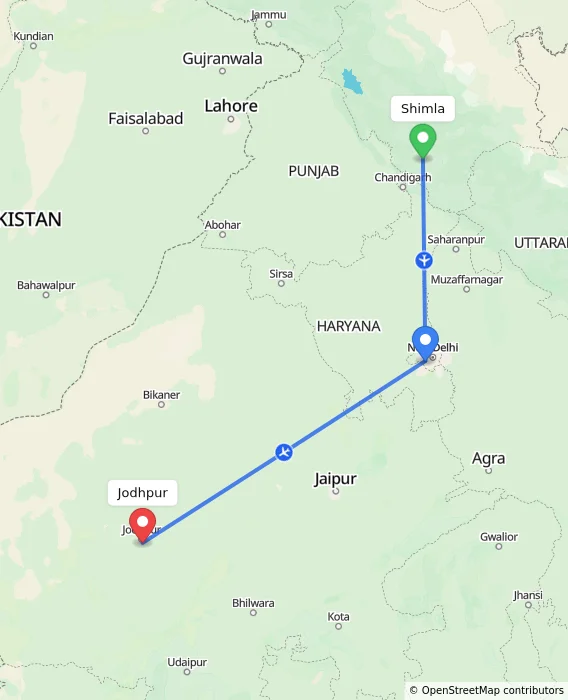 Route map showing distance and travel time from Shimla, India to Jodhpur, India