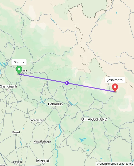 Route map showing distance and travel time from Shimla, India to Joshimath, India