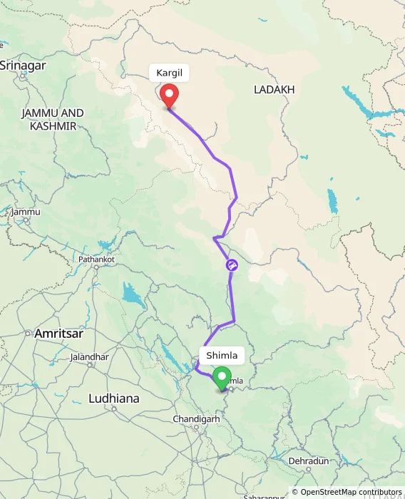 Route map showing distance and travel time from Shimla, India to Kargil, India