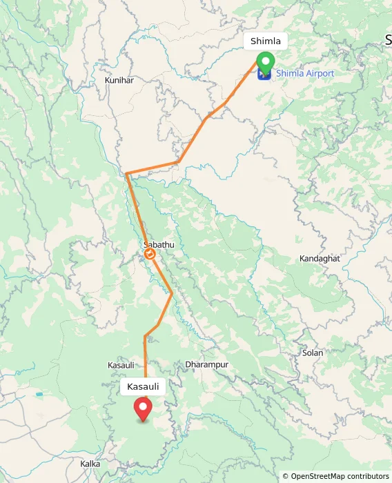 Route map showing distance and travel time from Shimla, India to Kasauli, India