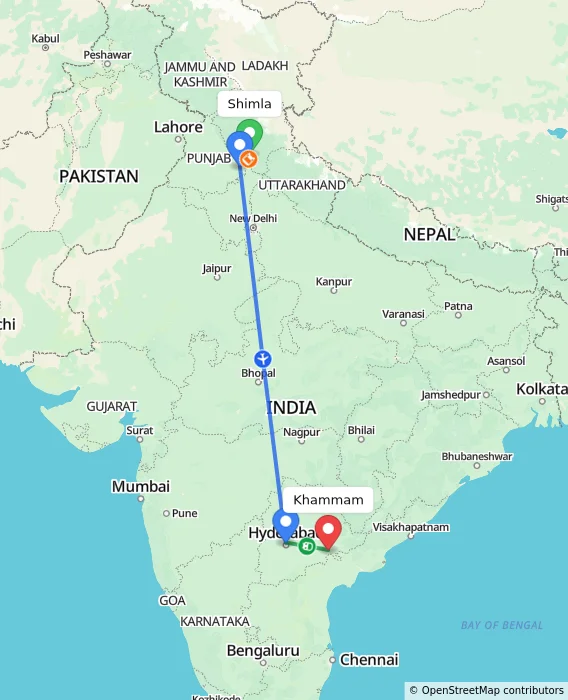 Route map showing distance and travel time from Shimla, India to Khammam, India