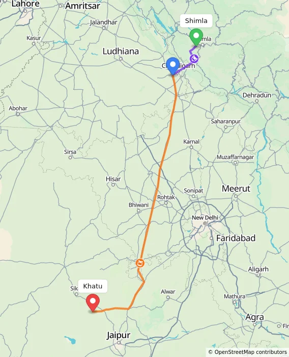 Route map showing distance and travel time from Shimla, India to Khatu, India