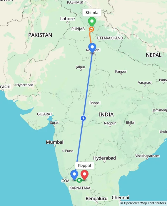 Route map showing distance and travel time from Shimla, India to Koppal, India