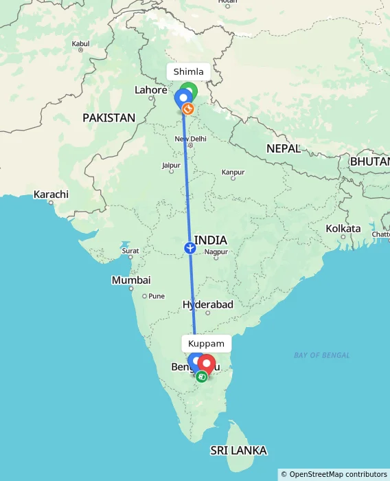 Route map showing distance and travel time from Shimla, India to Kuppam, India