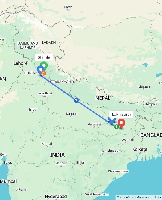 Route map showing distance and travel time from Shimla, India to Lakhisarai, India