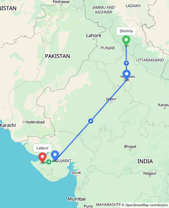 Route map showing distance and travel time from Shimla, India to Lalpur, India