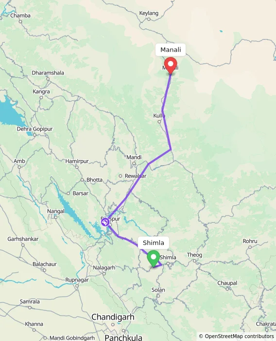 Route map showing distance and travel time from Shimla, India to Manali, India