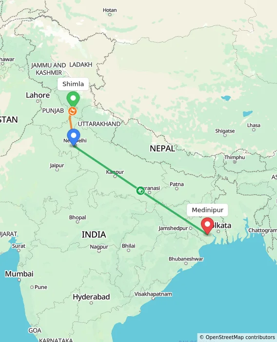 Route map showing distance and travel time from Shimla, India to Medinipur, India