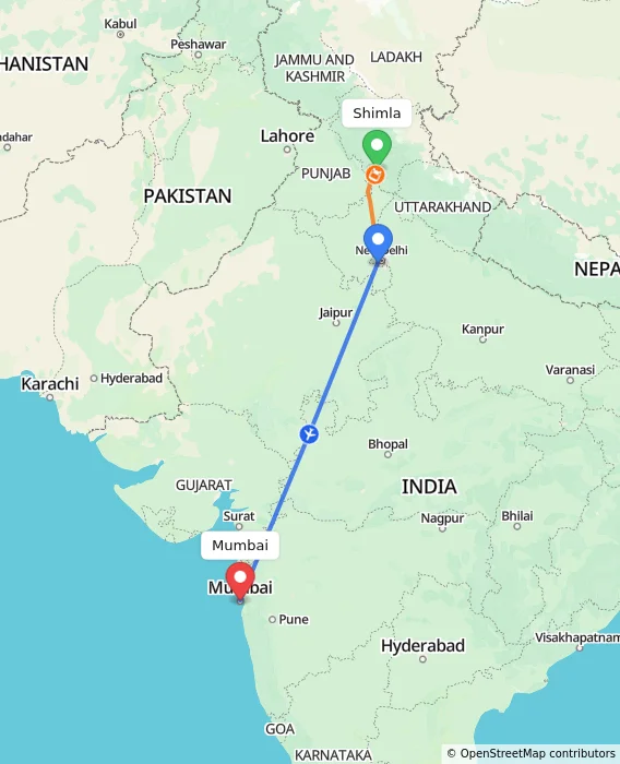 Route map showing distance and travel time from Shimla, India to Mumbai, India