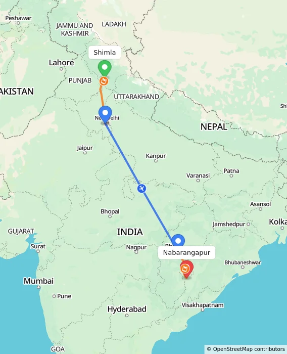 Route map showing distance and travel time from Shimla, India to Nabarangapur, India
