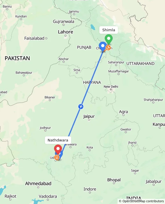 Route map showing distance and travel time from Shimla, India to Nathdwara, India
