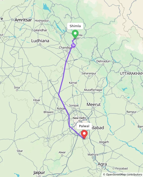 Route map showing distance and travel time from Shimla, India to Palwal, India