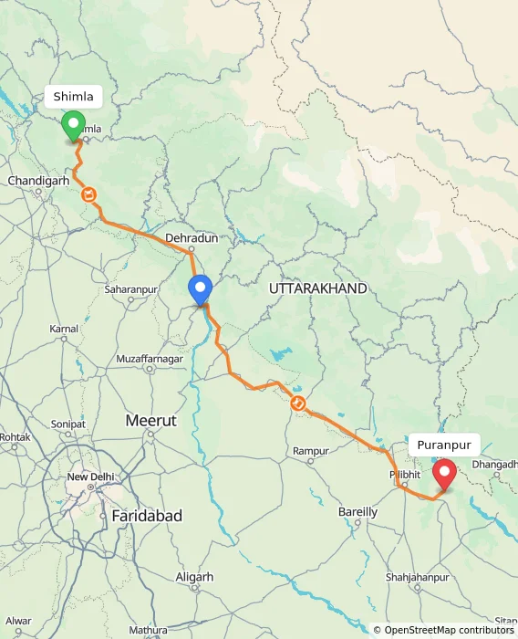 Route map showing distance and travel time from Shimla, India to Puranpur, India