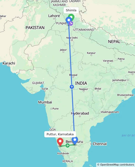 Route map showing distance and travel time from Shimla, India to Puttur, Karnataka, India
