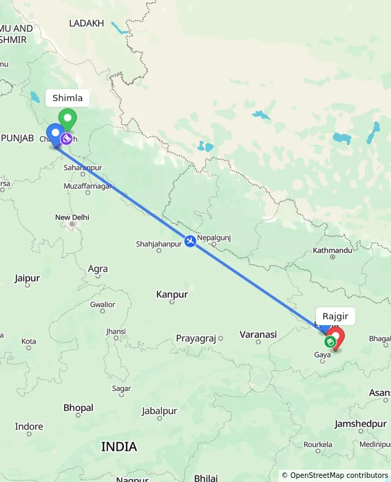 Route map showing distance and travel time from Shimla, India to Rajgir, India