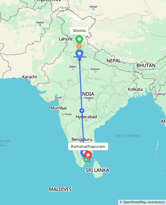 Route map showing distance and travel time from Shimla, India to Ramanathapuram, India