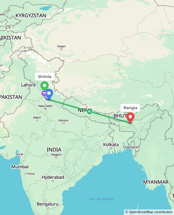 Route map showing distance and travel time from Shimla, India to Rangia, India