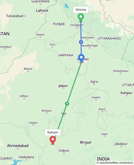 Route map showing distance and travel time from Shimla, India to Ratlam, India