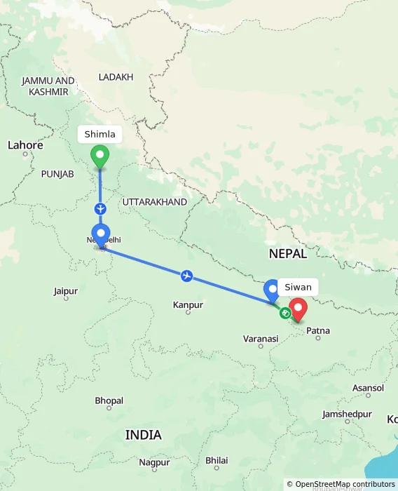 Route map showing distance and travel time from Shimla, India to Siwan, India