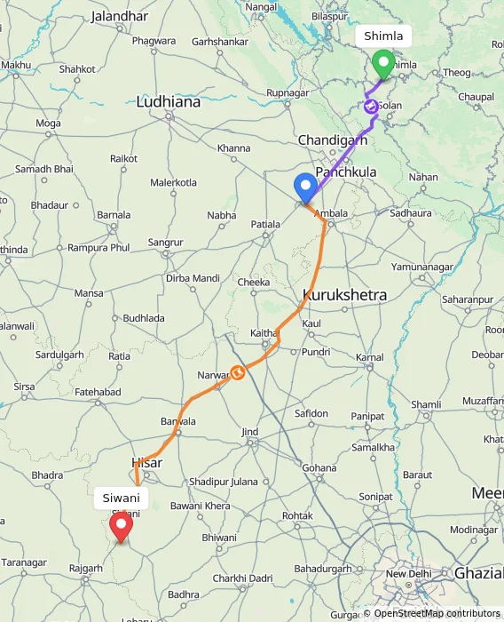 Route map showing distance and travel time from Shimla, India to Siwani, India