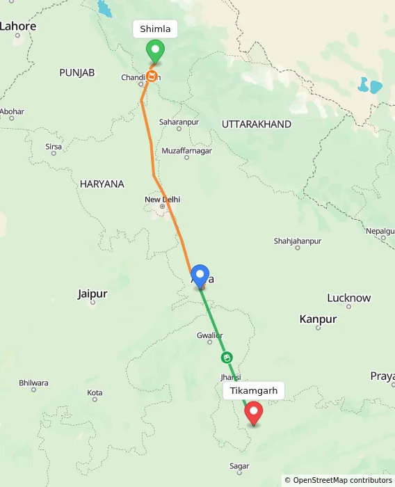 Route map showing distance and travel time from Shimla, India to Tikamgarh, India