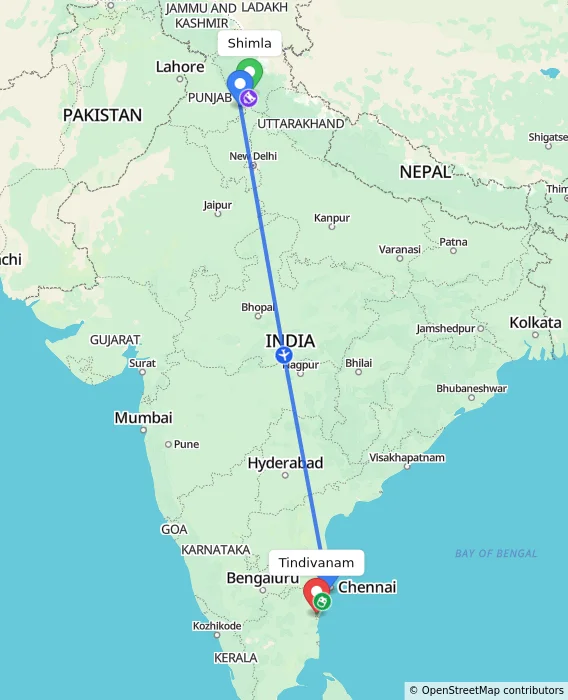 Route map showing distance and travel time from Shimla, India to Tindivanam, India