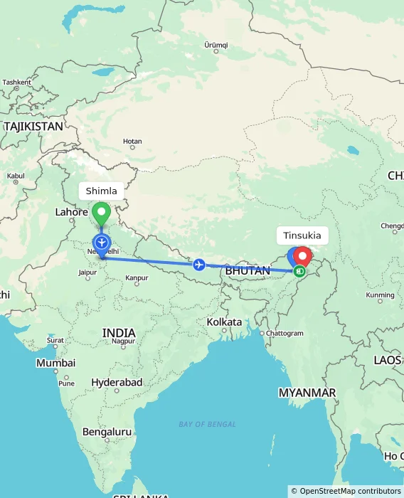 Route map showing distance and travel time from Shimla, India to Tinsukia, India