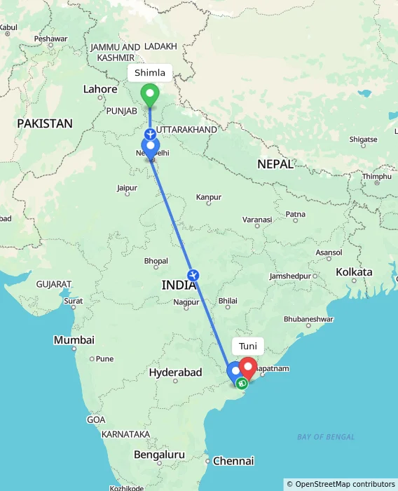 Route map showing distance and travel time from Shimla, India to Tuni, India