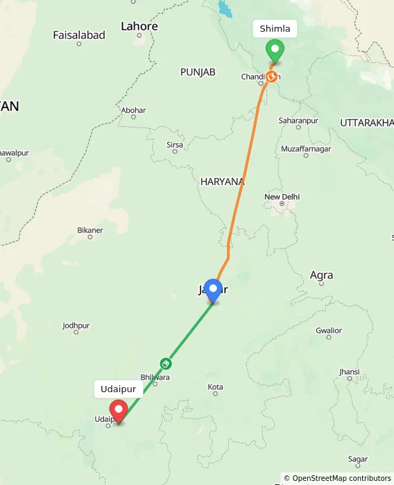 Route map showing distance and travel time from Shimla, India to Udaipur, India