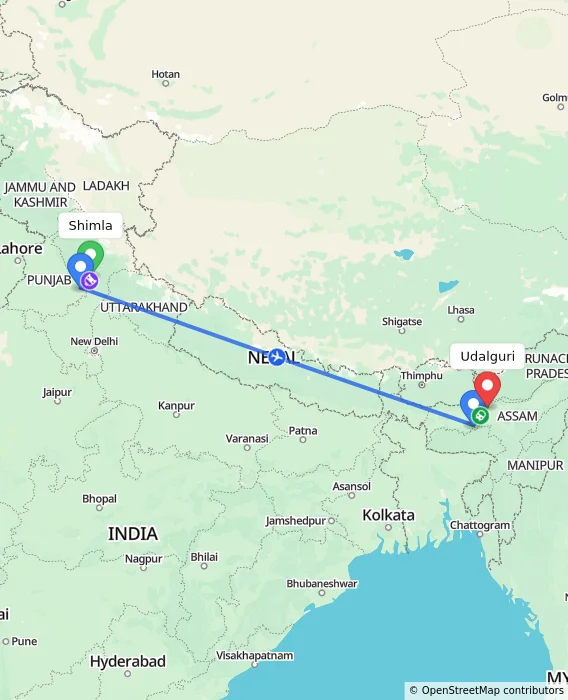 Route map showing distance and travel time from Shimla, India to Udalguri, India