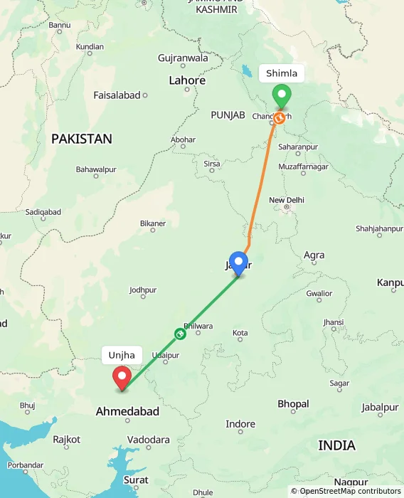 Route map showing distance and travel time from Shimla, India to Unjha, India