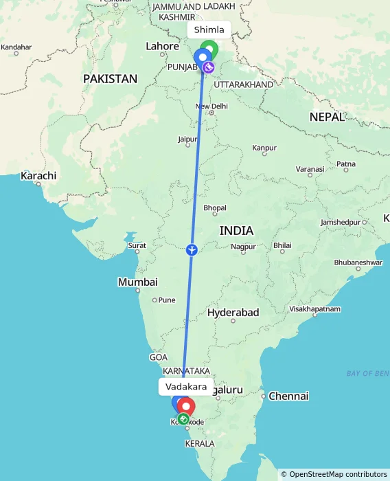Route map showing distance and travel time from Shimla, India to Vadakara, India