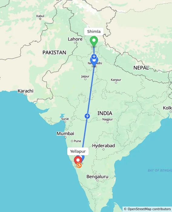 Route map showing distance and travel time from Shimla, India to Yellapur, India