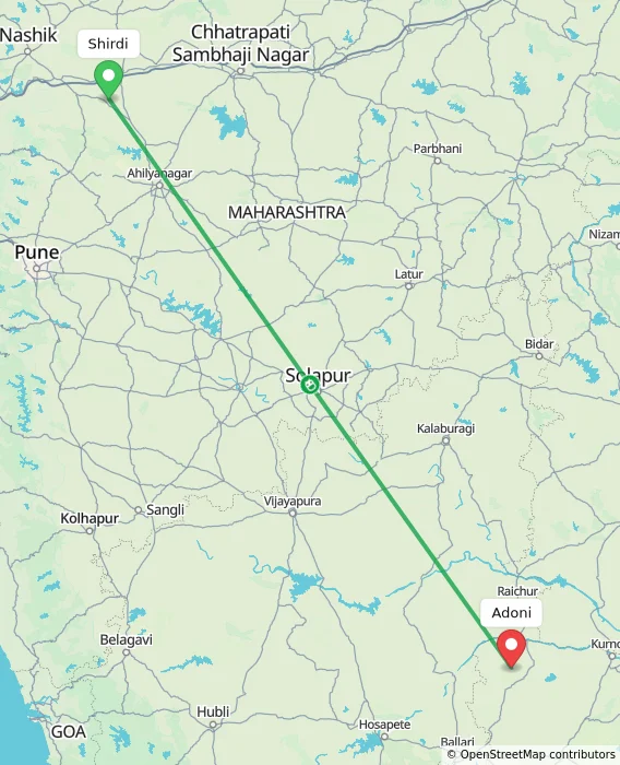 Route map showing distance and travel time from Shirdi, India to Adoni, India