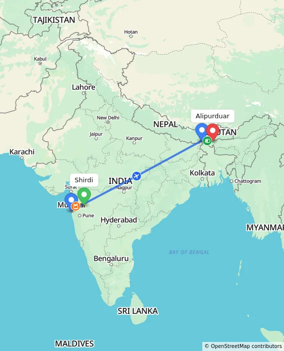 Route map showing distance and travel time from Shirdi, India to Alipurduar, India