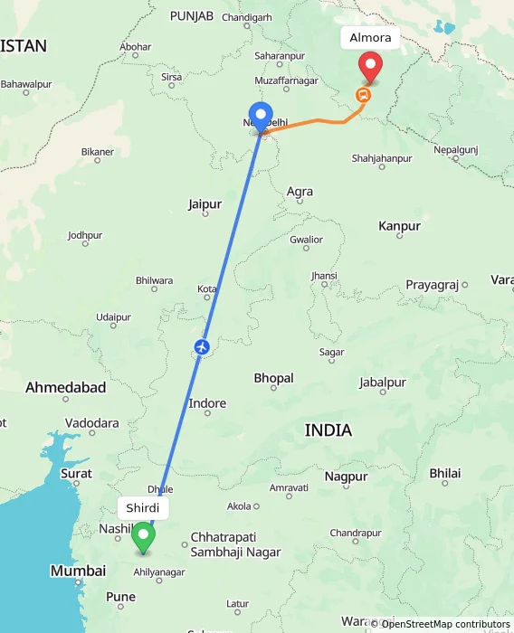Route map showing distance and travel time from Shirdi, India to Almora, India