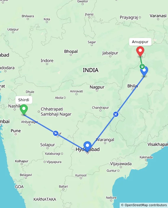 Route map showing distance and travel time from Shirdi, India to Anuppur, India