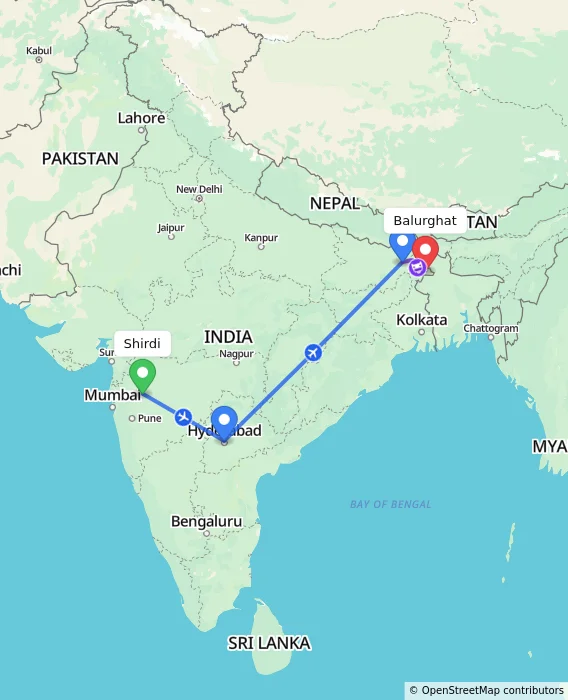 Route map showing distance and travel time from Shirdi, India to Balurghat, India