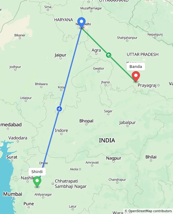 Route map showing distance and travel time from Shirdi, India to Banda, India