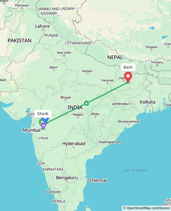 Route map showing distance and travel time from Shirdi, India to Barh, India