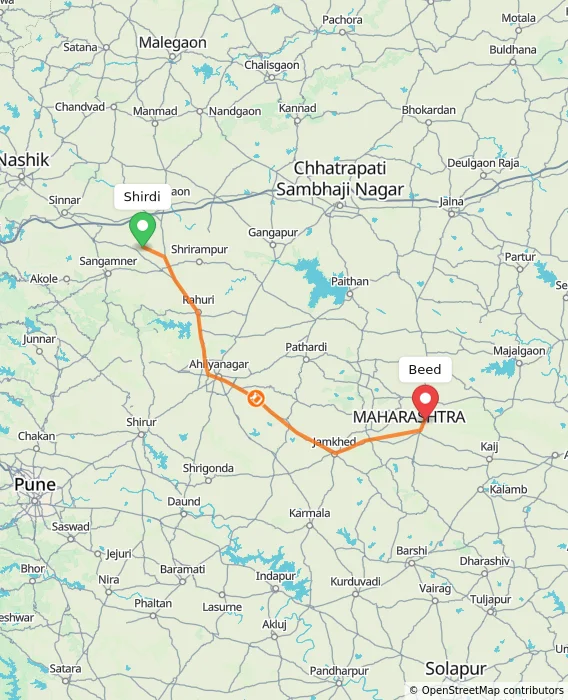 Route map showing distance and travel time from Shirdi, India to Beed, India