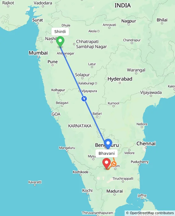 Route map showing distance and travel time from Shirdi, India to Bhavani, India
