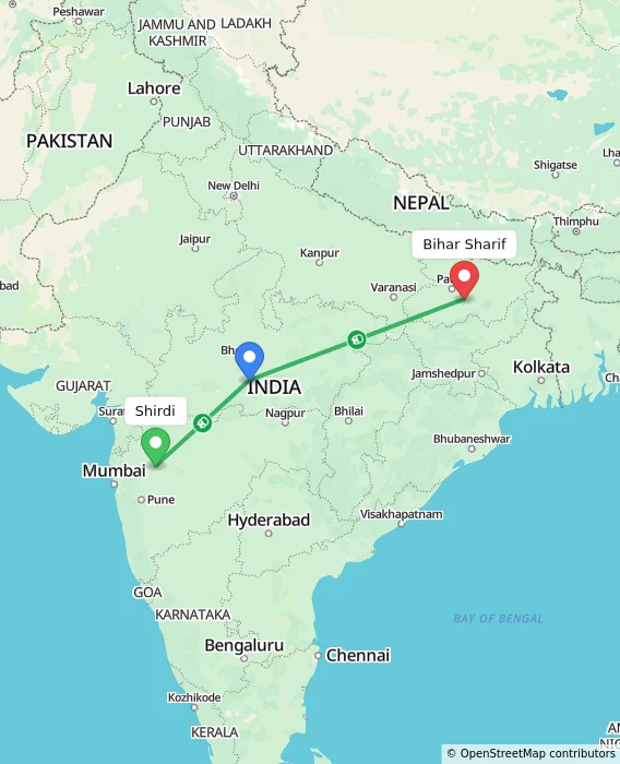 Route map showing distance and travel time from Shirdi, India to Bihar Sharif, India