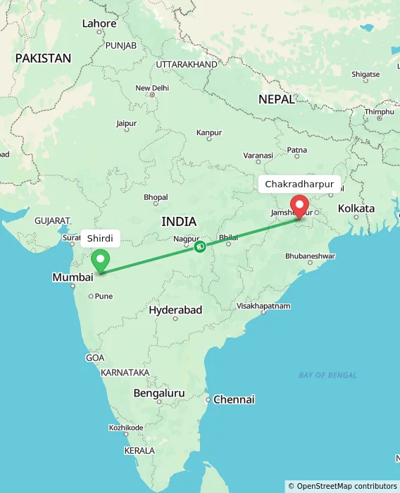 Route map showing distance and travel time from Shirdi, India to Chakradharpur, India