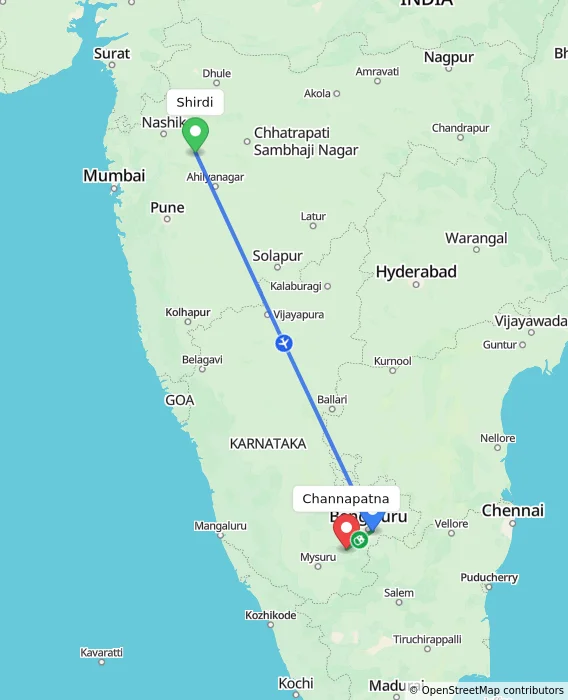 Route map showing distance and travel time from Shirdi, India to Channapatna, India