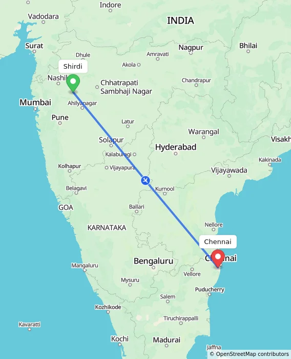 Route map showing distance and travel time from Shirdi, India to Chennai, India