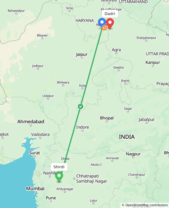 Route map showing distance and travel time from Shirdi, India to Dadri, India
