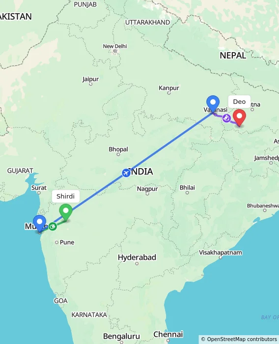 Route map showing distance and travel time from Shirdi, India to Deo, India