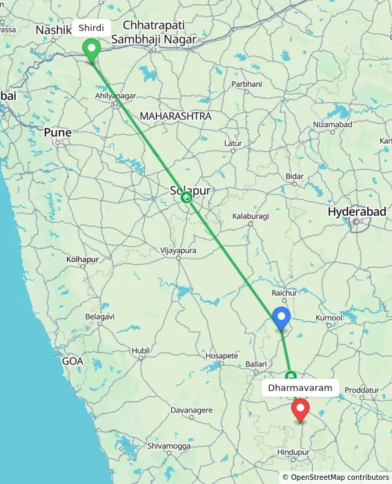 Route map showing distance and travel time from Shirdi, India to Dharmavaram, India