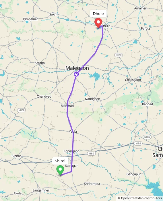 Route map showing distance and travel time from Shirdi, India to Dhule, India